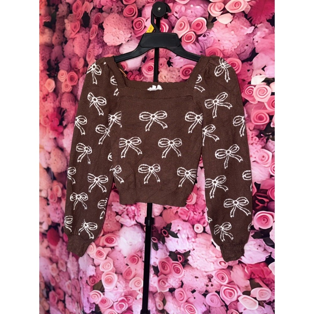 Willow Wind Square Neck Bows Cropped Sweater Womens XS Brown Soft Coquette Twee